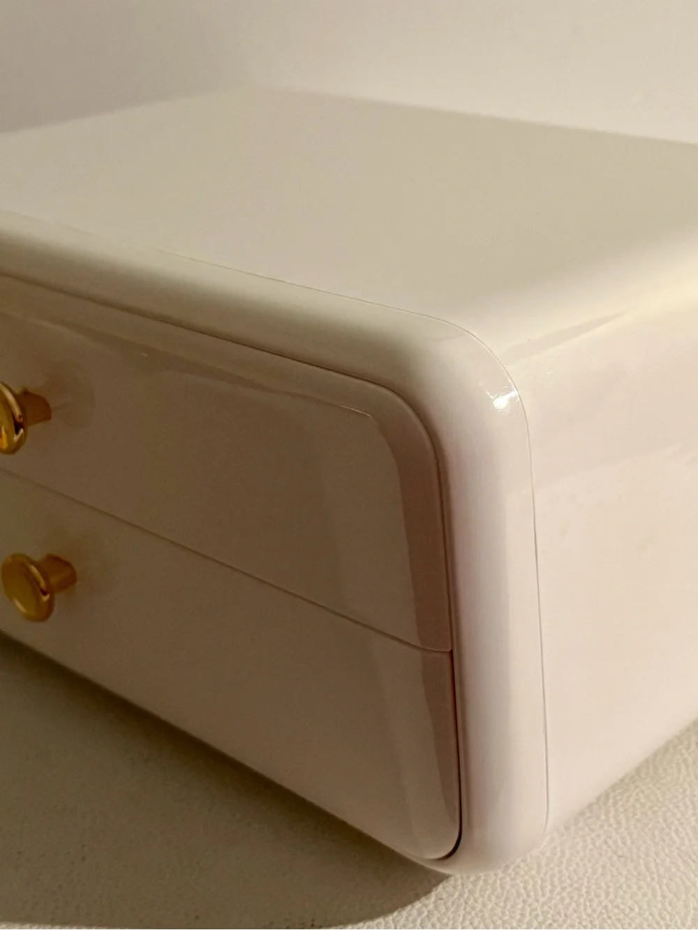 Modern White 2 Drawer Jewelry Box Organizer Gold Knobs Vanity Makeup Storage